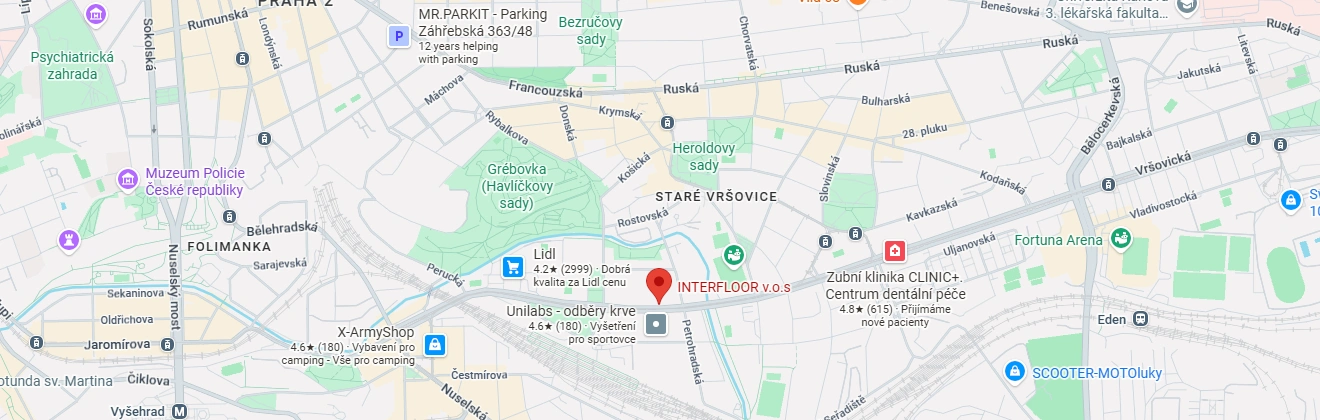 Mapa s polohou prodejny INTERFLOOR v.o.s., Vršovická 21, Praha 10